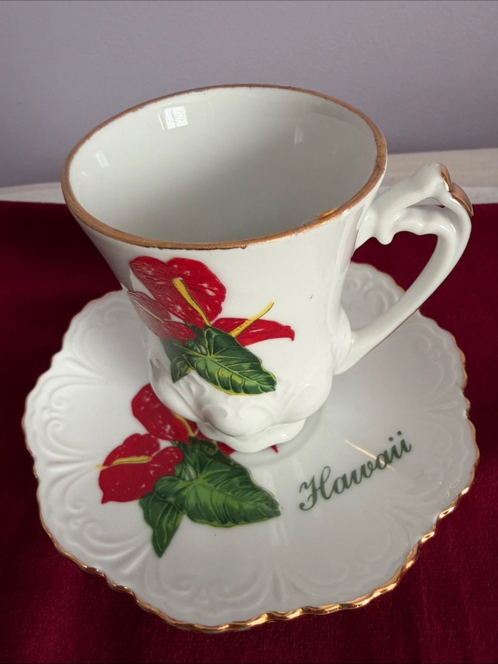 Hawaii Floral Porcelain Tea Cup & Saucer - White with Red Floral Accents